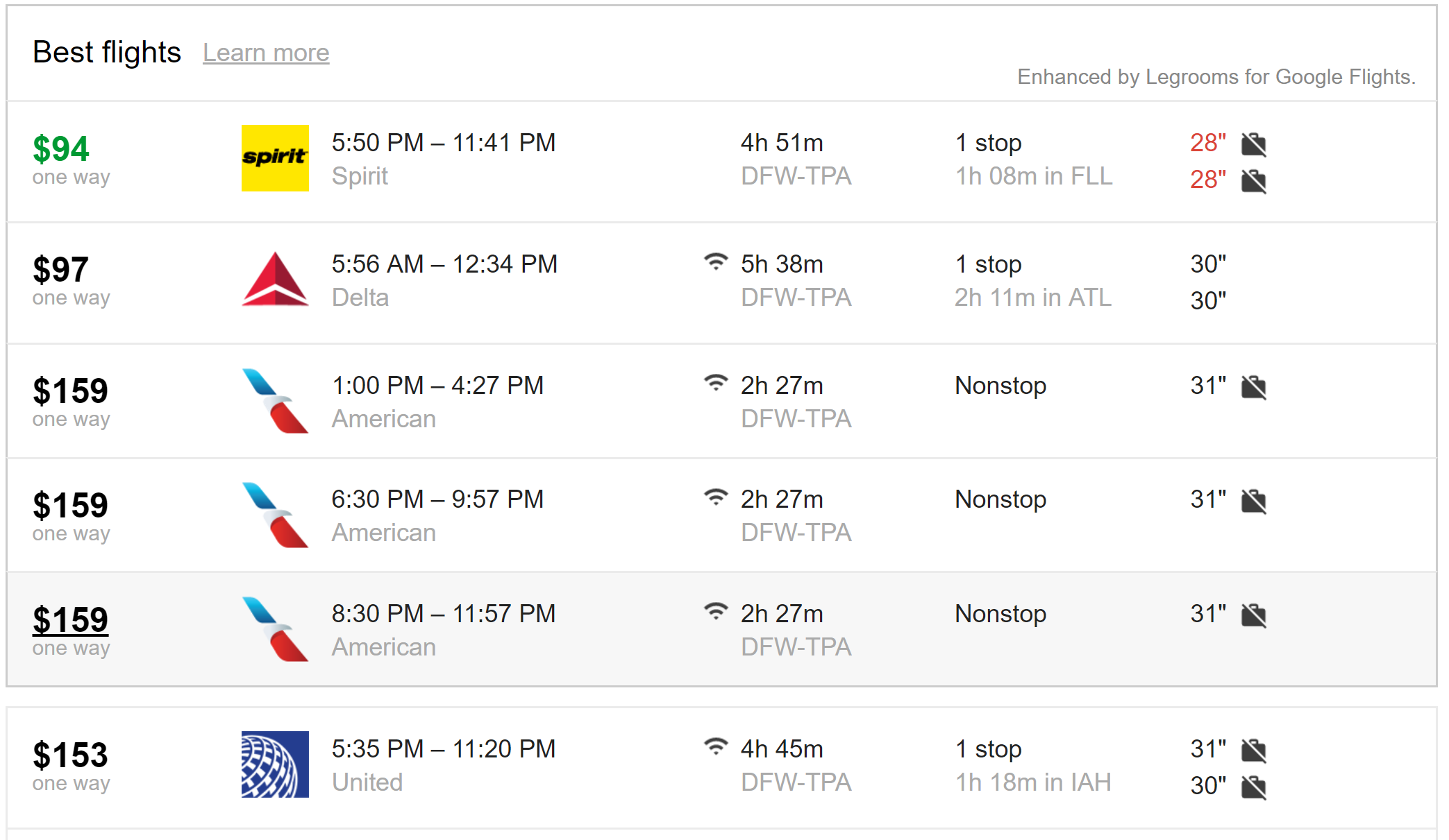Legroom for Google Flights basic economy tag