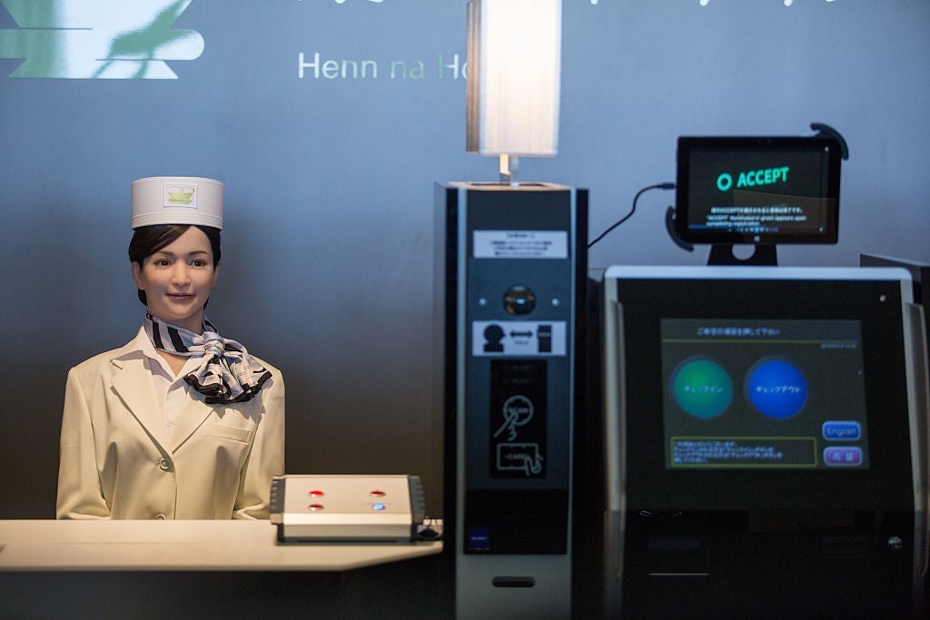 The check-in process at Japan's Henn na Hotel (Weird Hotel) is completely automated. Photo by Trevor Williams/WireImage/Getty Images.