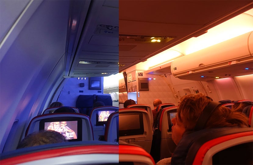 Blue lighting for departure and meal service, orange for sunrise and arrival. Always nice to see dynamic lighting in non-premium cabins.
