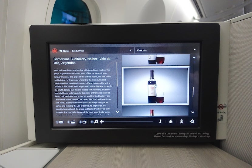 Air Canada screen wine