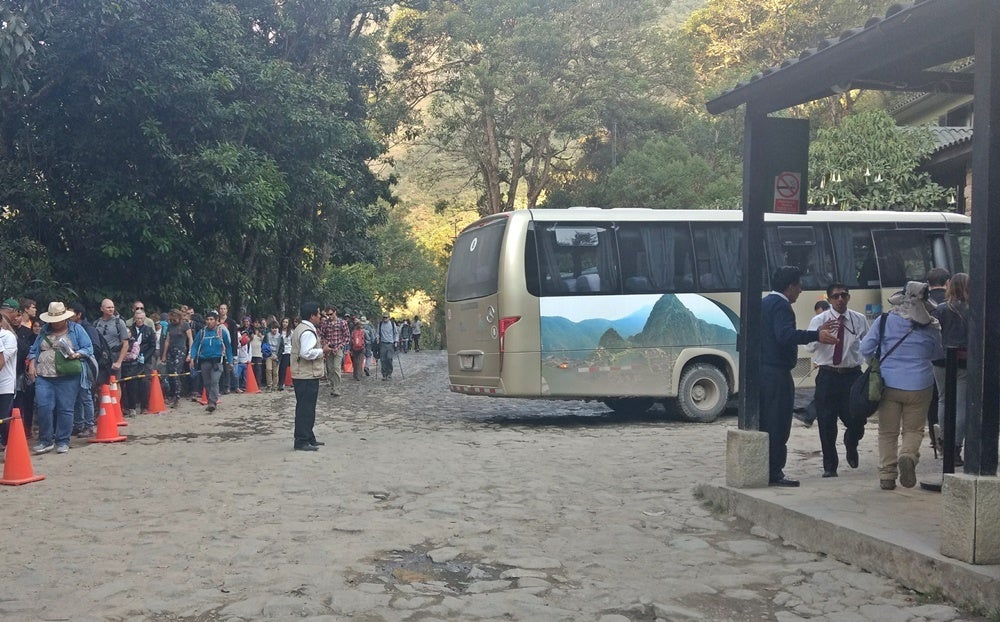 The wait for the bus from Machu Picchu to Aguas Calientes stretched well beyond this photo, so be prepared for a long wait.