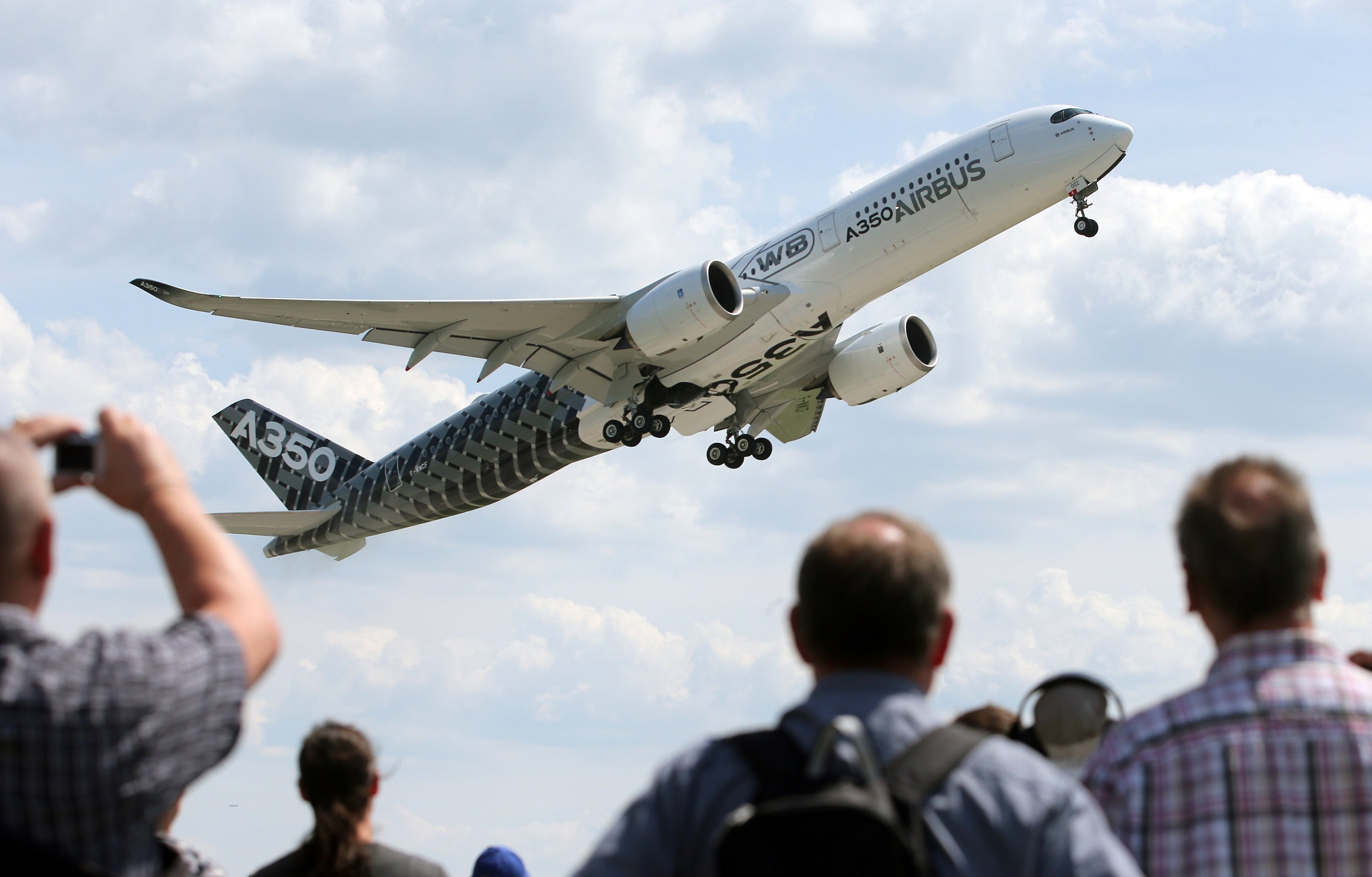 An Airbus A350-900 taking off at the International Aerospace Exhibition (ILA) in Schoenefeld near Berlin, on June 3, 2016. Image by Wolfgang Kumm / Getty Images