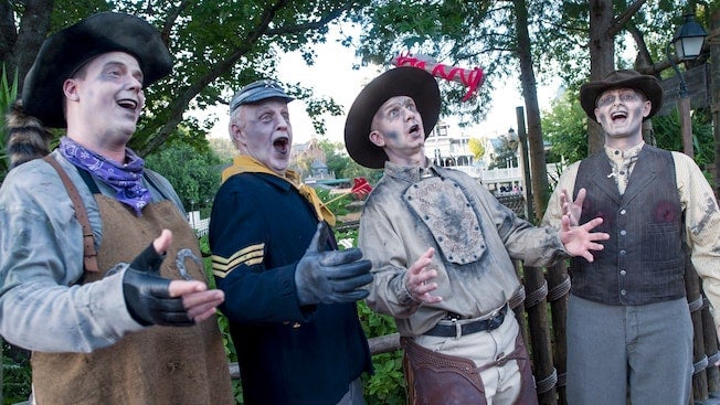 The Cadaver Dans Barbershop Quartet performs at Mickey's Not-So-Scary Halloween Party. Image courtesy of Walt Disney World Resorts.