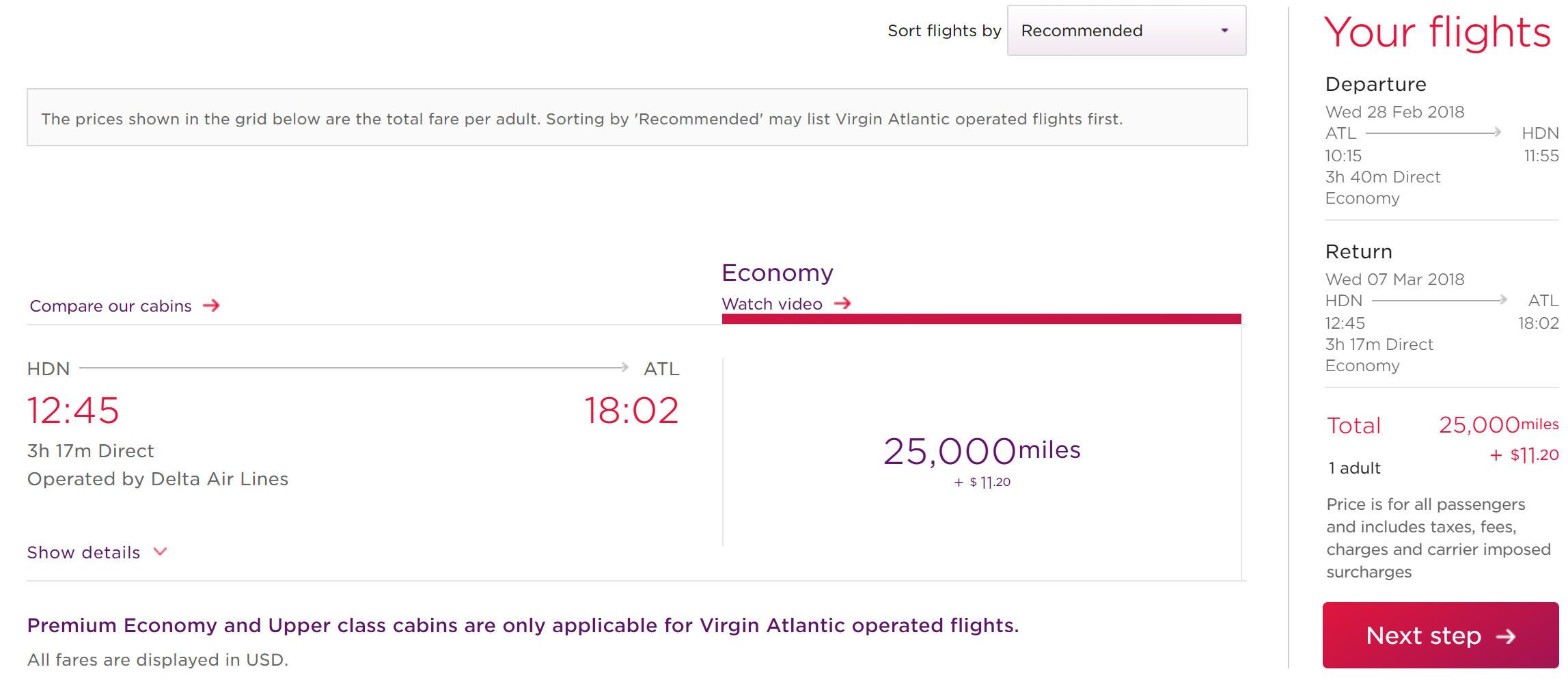 ATL-HDN on Virgin Atlantic Flying Club