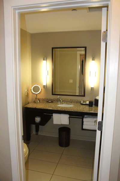 The bathroom was brightly lit with clean marble counter tops.