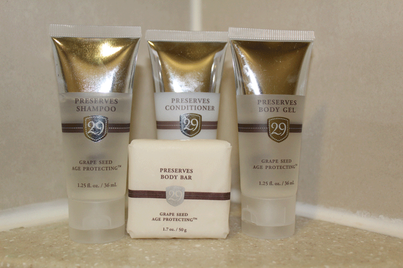 The bathroom featured 29 by Lydia Mondavi shampoo, conditioner and shower gel.