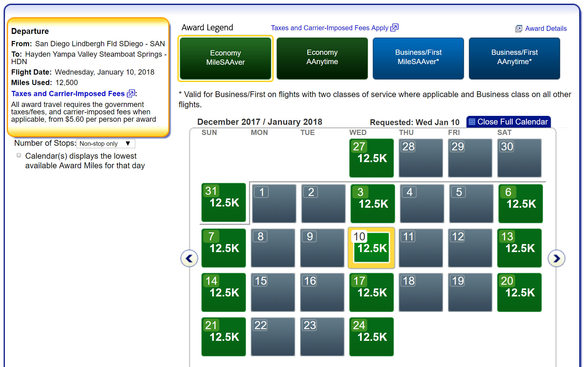 Every flight in January has award space on Alaskas flight from San Diego SAN) to Hayden HDN).