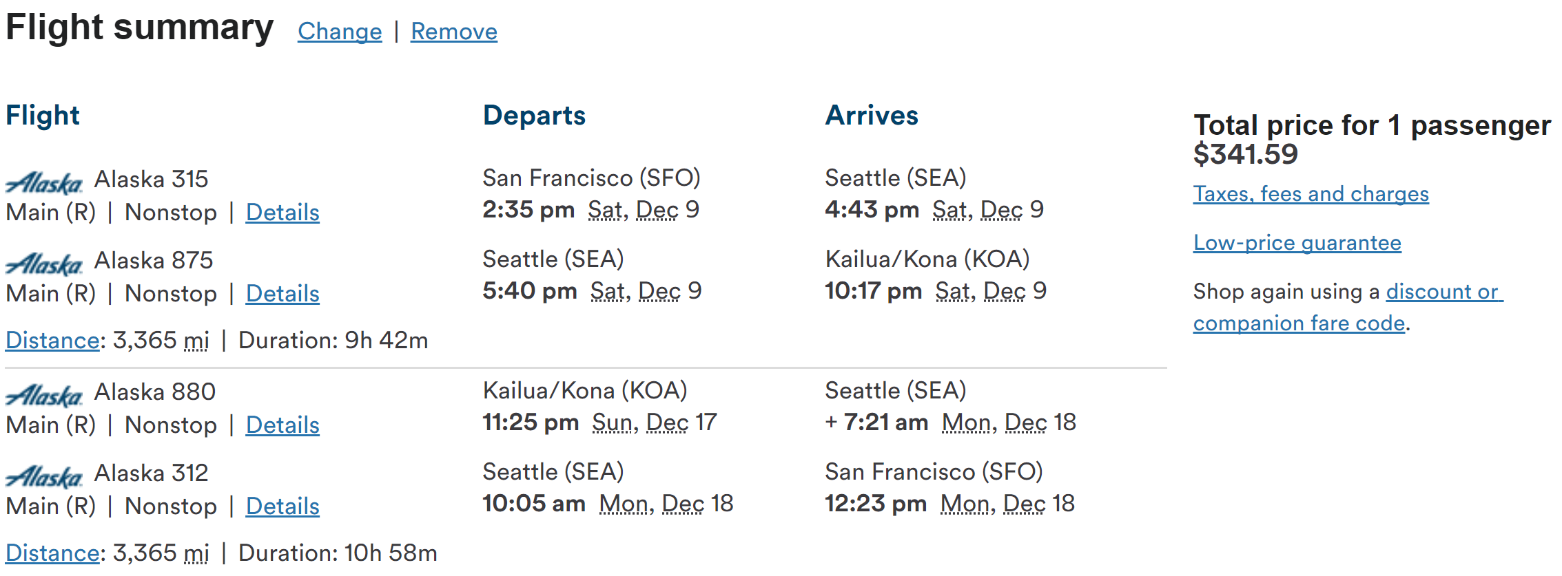 SFO-KOA Alaska $342