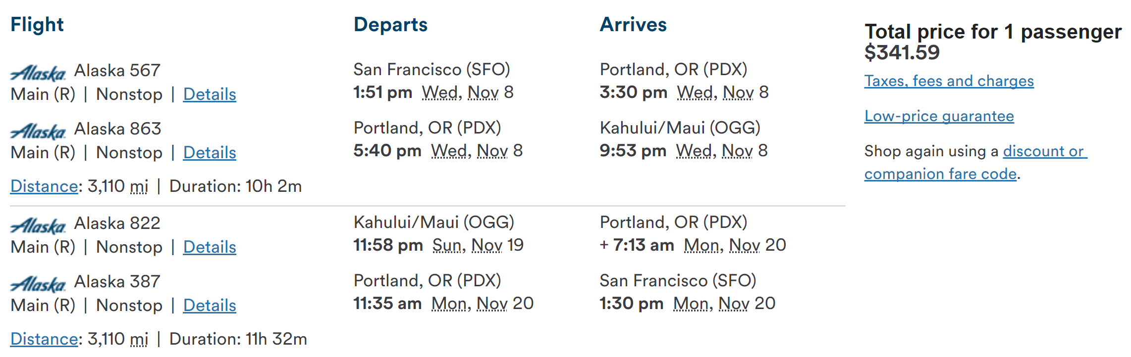 SFO-OGG Alaska $342