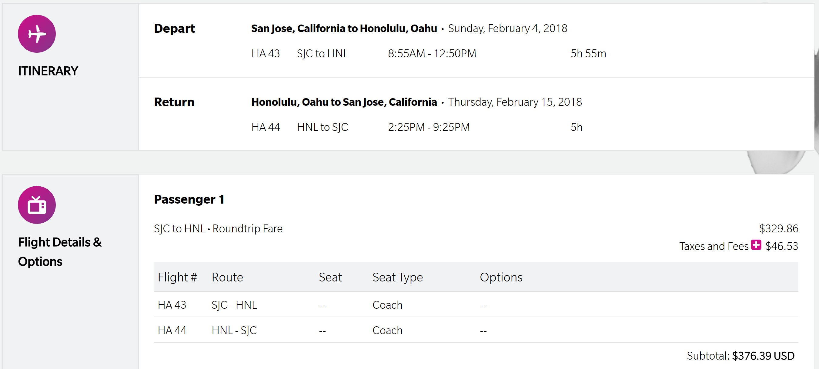 SJC-HNL Hawaiian $376