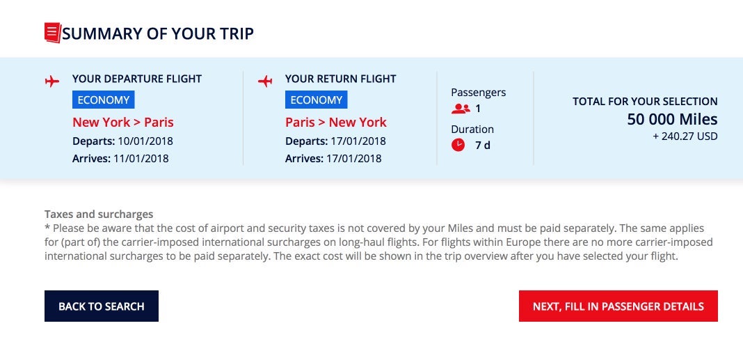 This is what it costs to spend 50,000 of your precious miles to fly to Paris in economy.