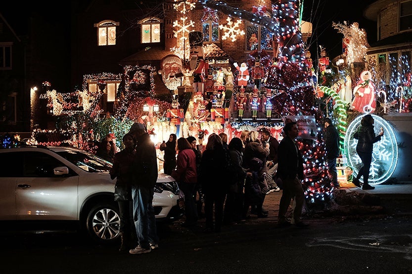 Christmas lights and other ornaments decorate a home in the Dyker Heights neighborhood of the Brooklyn