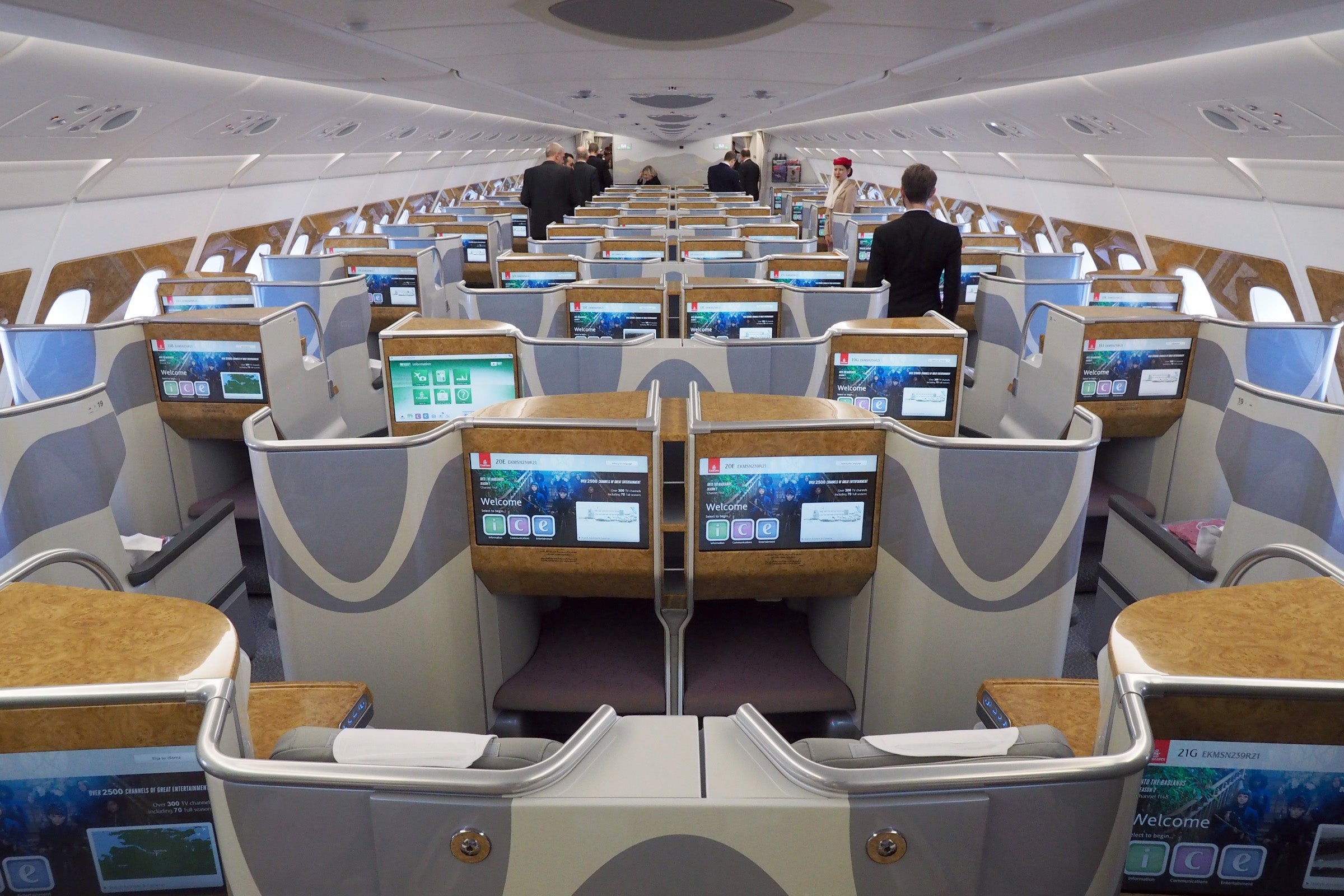 Business class in 1-2-1 layout on the upper deck of an Emirates A380. Photo by Zach Honig / The Points Guy