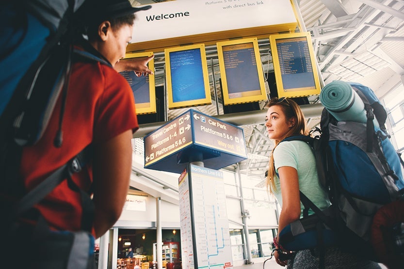 backpacker, backpack, airport
