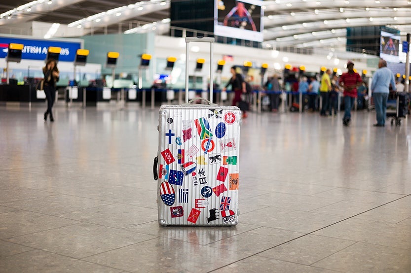 suitcase, metal case, hardshell, stickers, airport