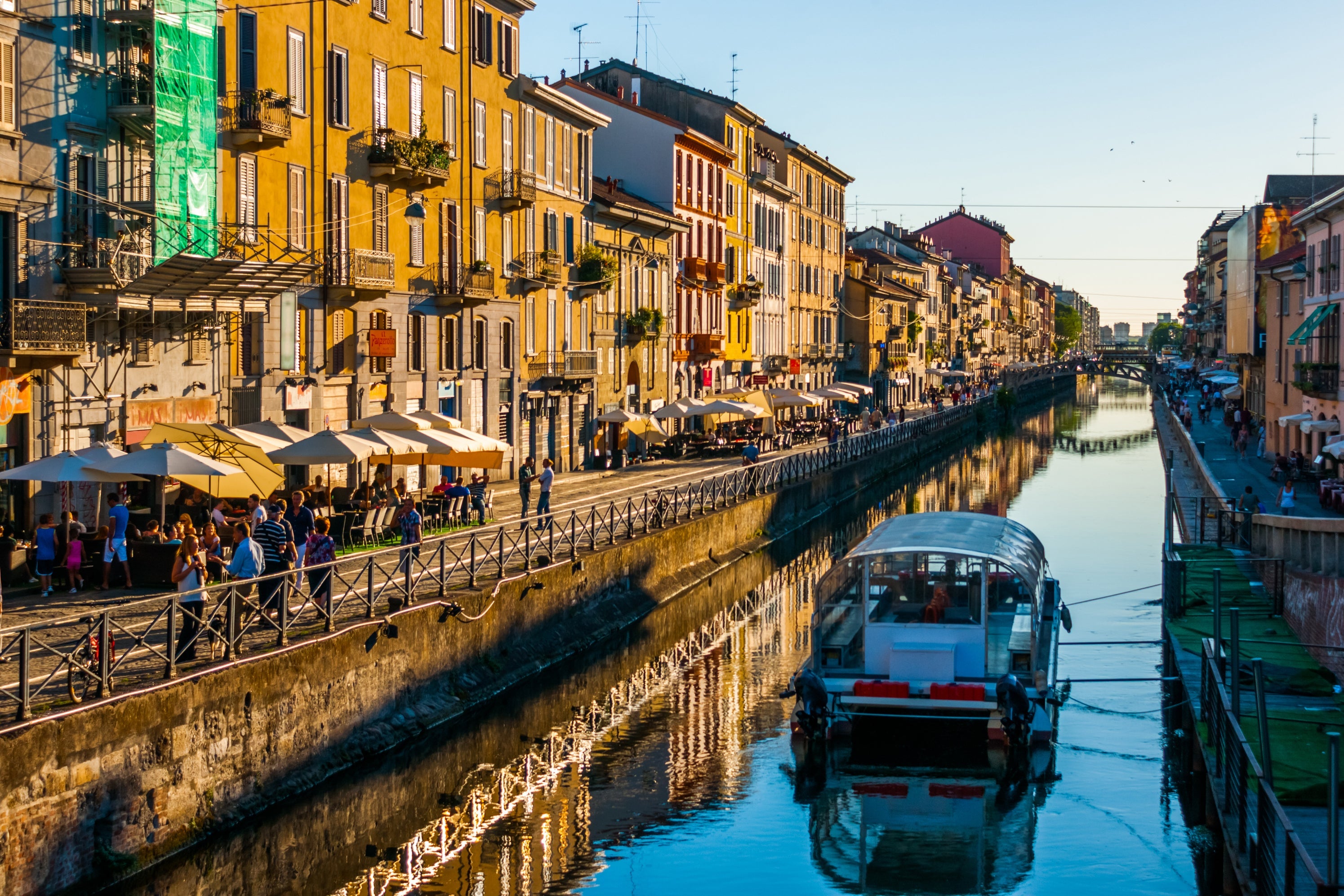 The Navigli Canal in Milan at dusk.