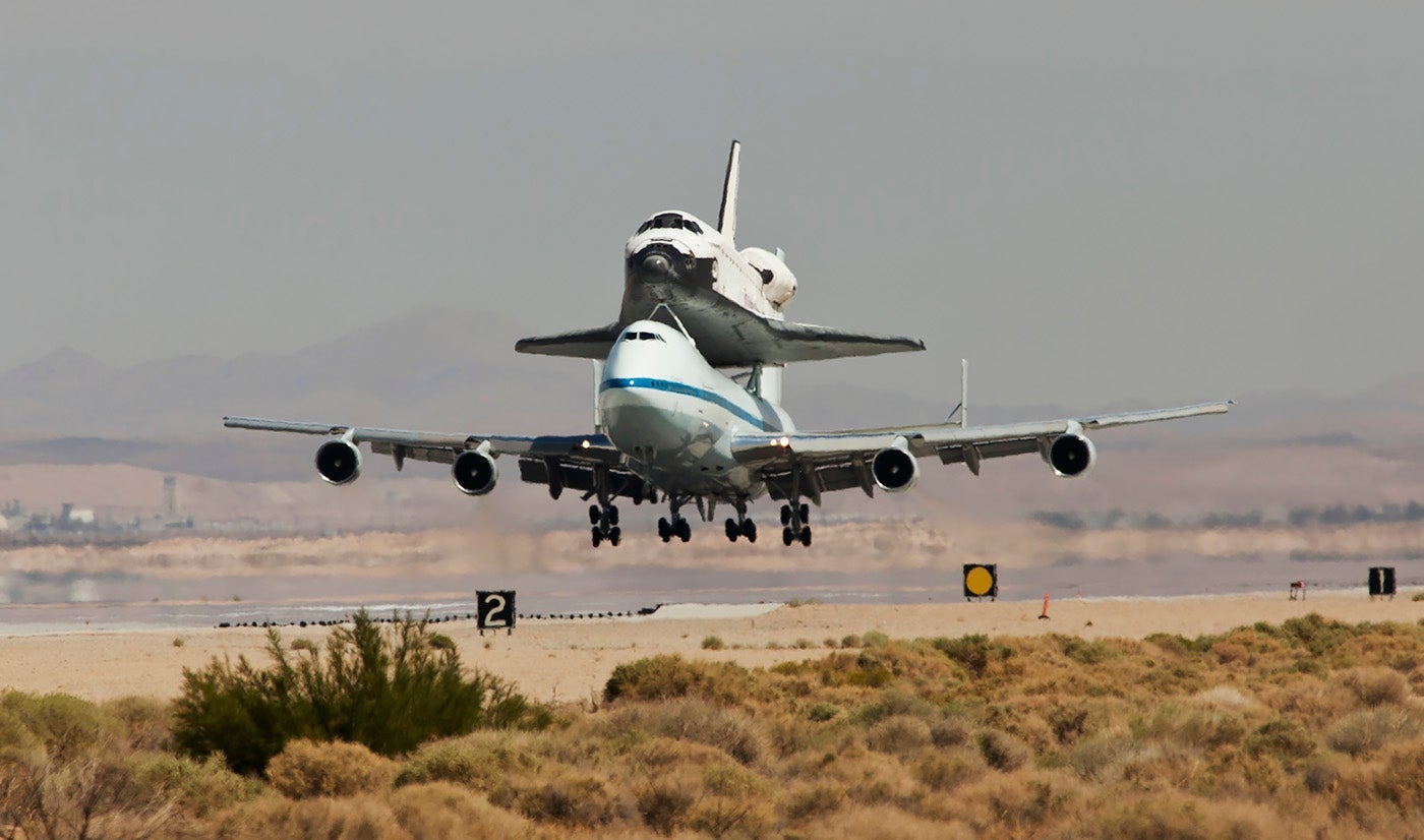 Space shuttle Endeavour, mounted aboard a Boeing 747 Shuttle Carrier Aircraft, has touched down safely at Edwards Air Force Base, where it will remain overnight before heading for Los Angeles International Airport. (Photo by Ted Soqui/Corbis via Getty Images)