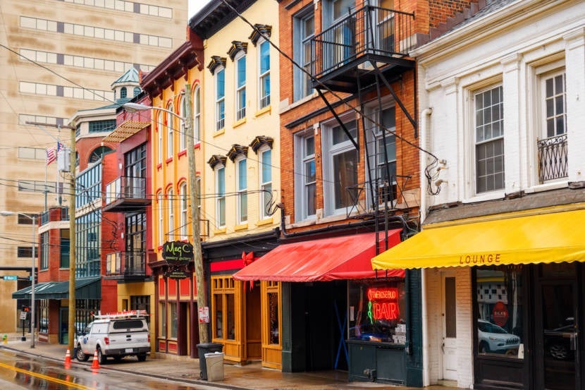 Photo of colorful old facades, pubs and businesses in downtown Lexington, Kentucky, USA.