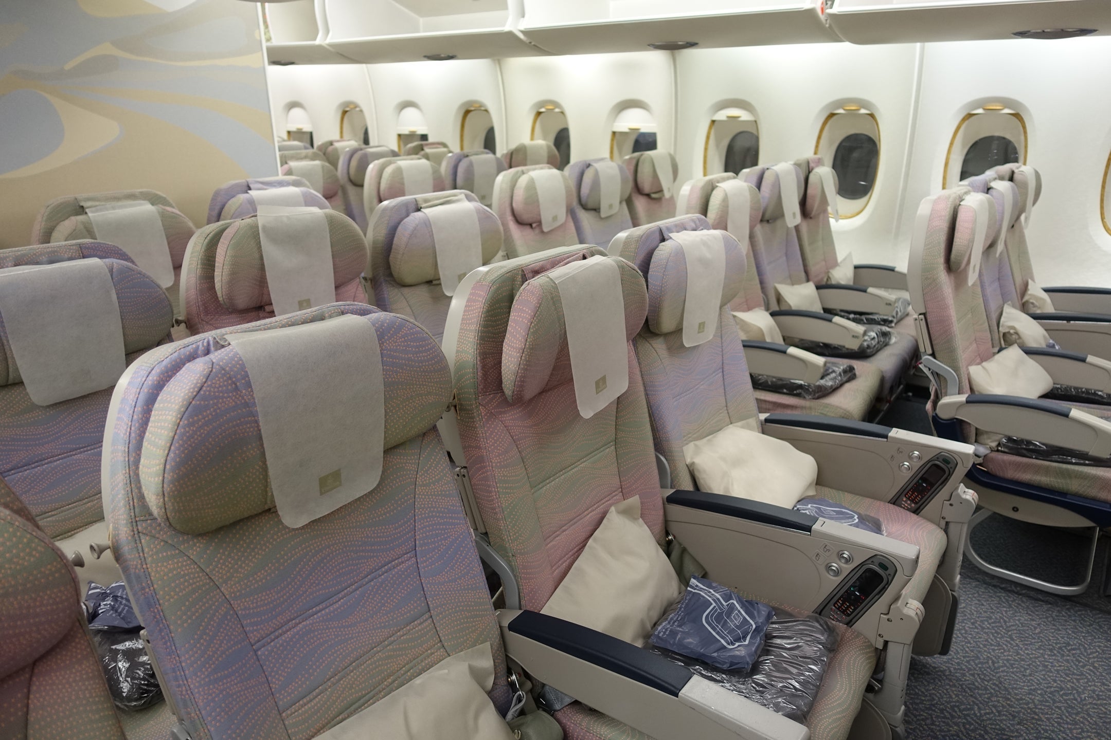 Economy class cabin of the Emirates A380 between New York (JFK) and Milan, Italy (MXP).