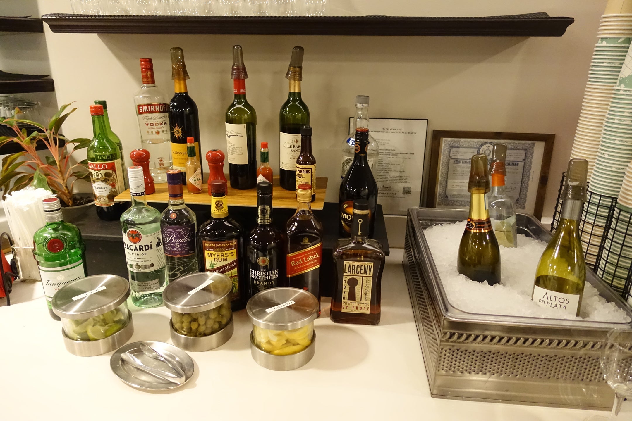 Liquor selection at the Wingtip Lounge at New York JFK, a Priority Pass lounge.