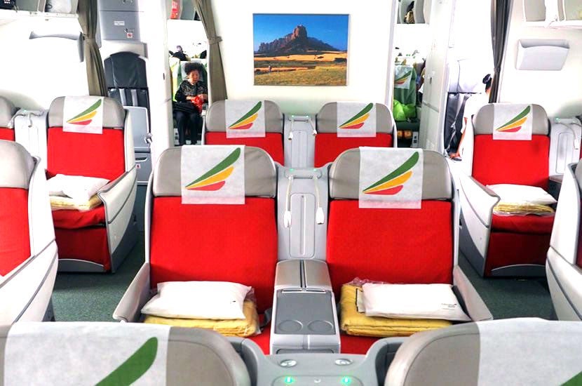 The business-class cabin on Ethiopian's Dreamliner.