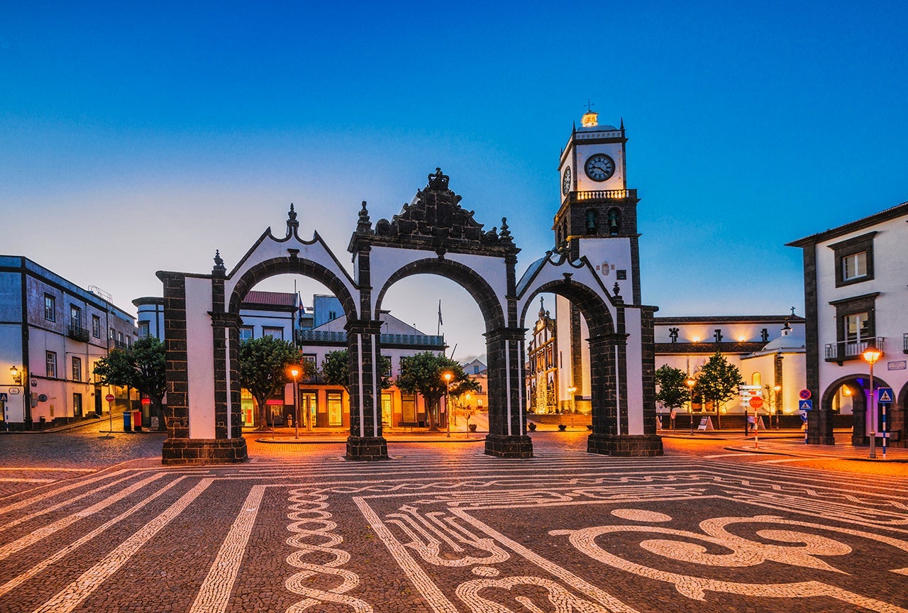 Portas da Cidade in Ponta Delgada at dusk (Azores). (Photo by sack/Getty Images)