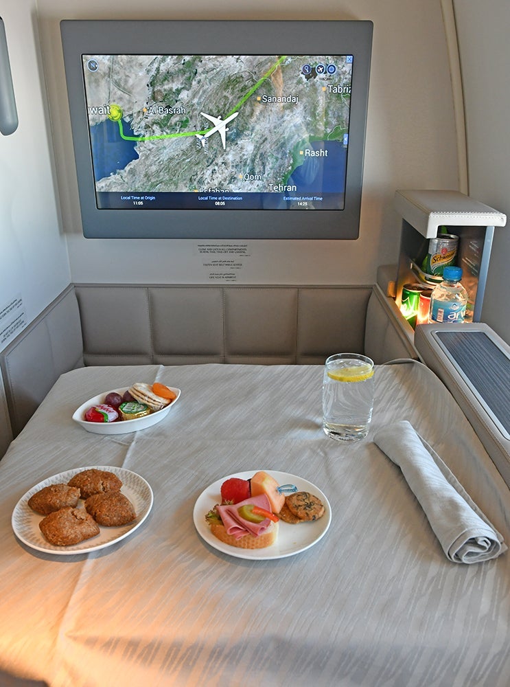 Lunch in Kuwait Airways' first class — with water. (Photo by Alberto Riva / The Points Guy)