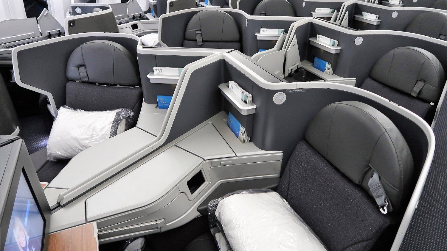 AA American Airlines 787-9 789 business class shoulder belt and no divider in the middle