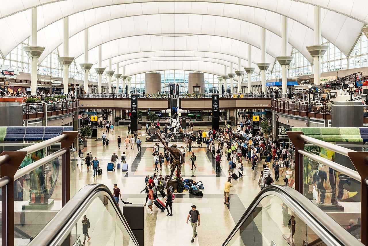 Denver airport terminal interior. (Photo by John Greim/LightRocket via Getty Images)