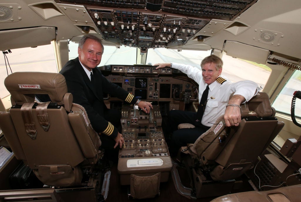 Pilots Captains John Dunkin (left) and Jay Galpin after flying Businessman American tycoon Donald Trump's private jet. (Photo by Andrew Milligan/PA Images via Getty Images)