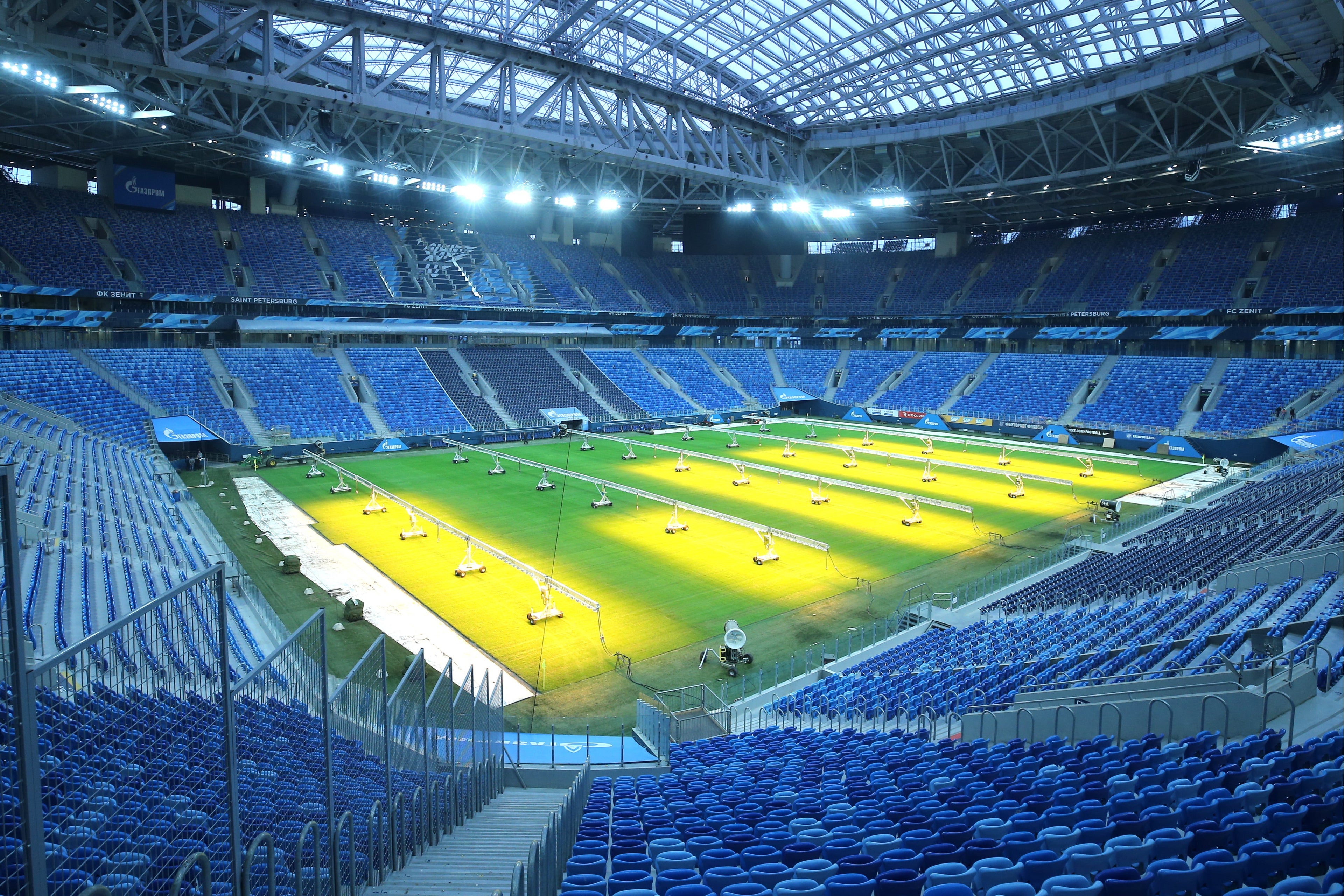 ST PETERSBURG, RUSSIA JANUARY 30, 2018: Lamps enhancing grass growth on the pitch of Saint Petersburg Stadium, a venue for 2018 FIFA World Cup matches. Peter Kovalev/TASS (Photo by Peter KovalevTASS via Getty Images)