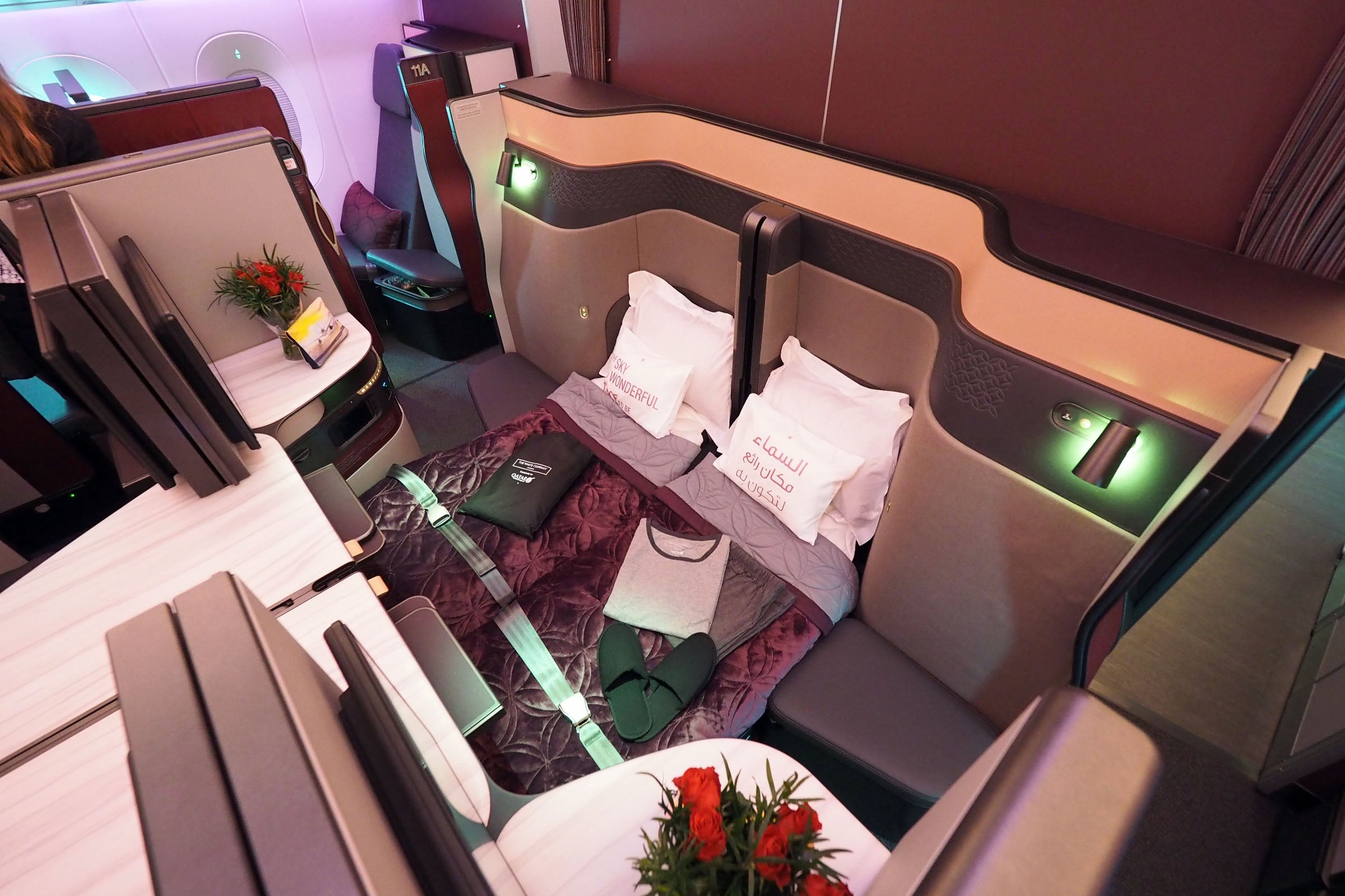 Qatar's Qsuite business class on the A350-1000. (Photo by Zach Honig)