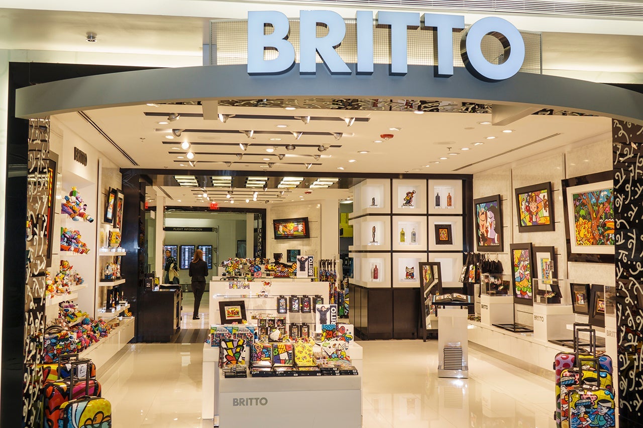 Romero Britto retail store entrance in Miami's International Airport. (Photo by: Jeffrey Greenberg/UIG via Getty Images)