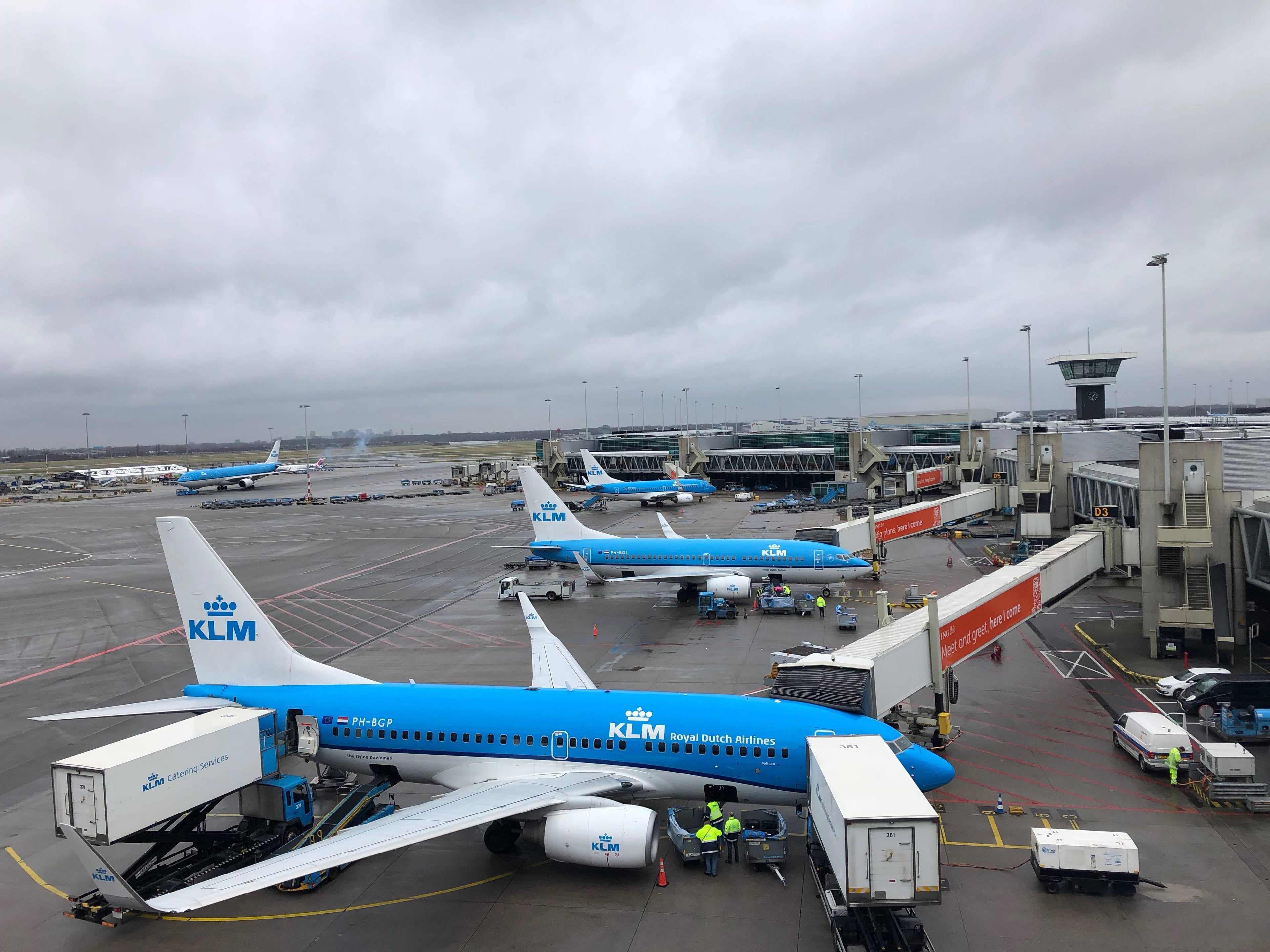 737s in KLM's trademark blue line the north side of the D gates