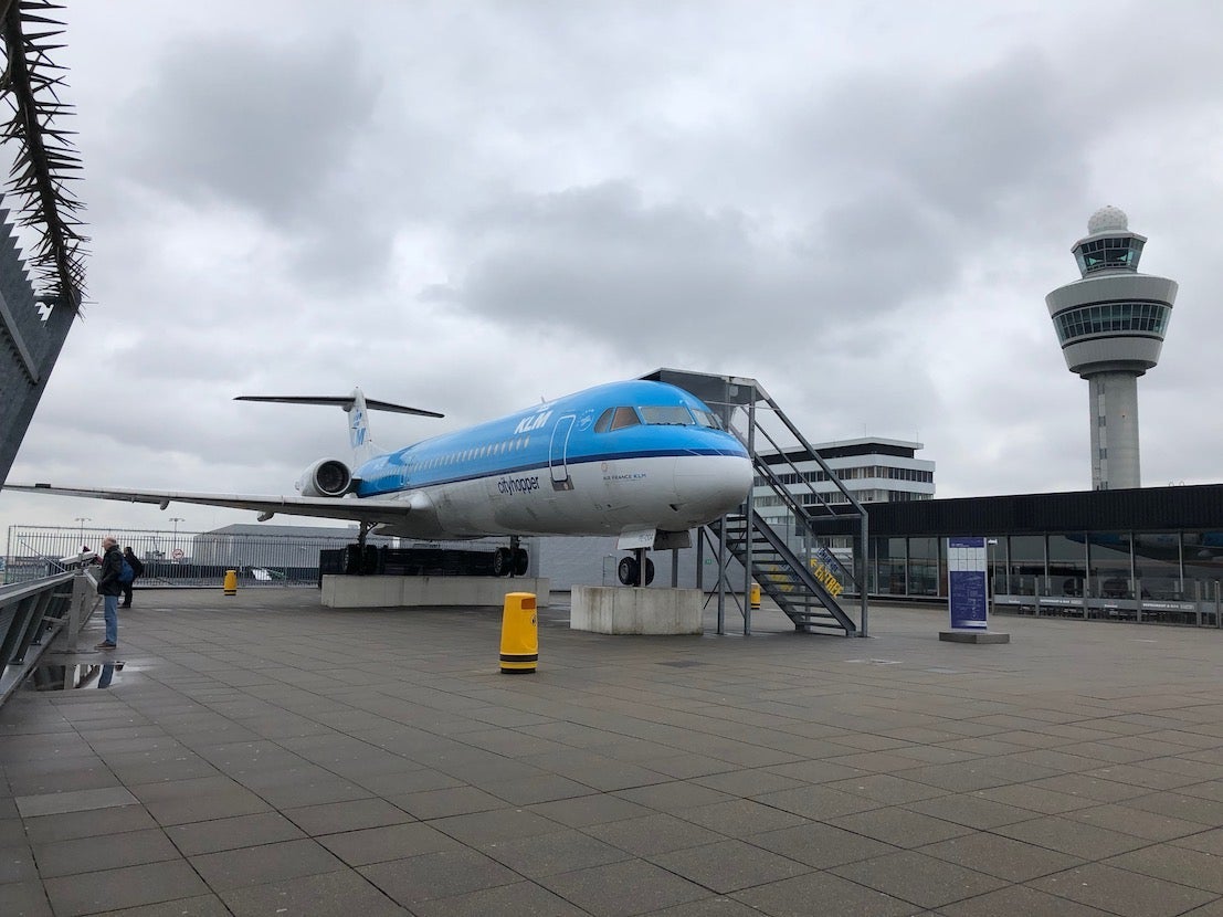 The mighty Fokker 100 atop the Panorama Terrace. The KLM blue contrasts gorgeously with the gray Dutch skies.