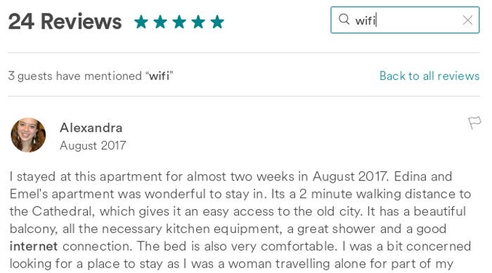 AirBnB allows reviews to be filtered by keywords.