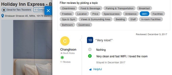 Sort reviews using a preset series of filters on Booking.com.