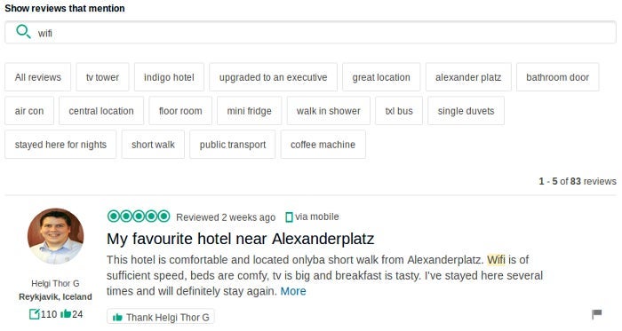 Tripadvisor allows reviews to be filtered by keyword.