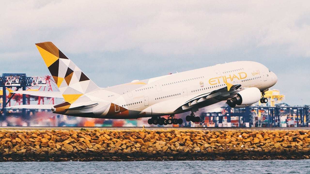 Etihad Airbus A380 airliner taking off from Sydney, Australia