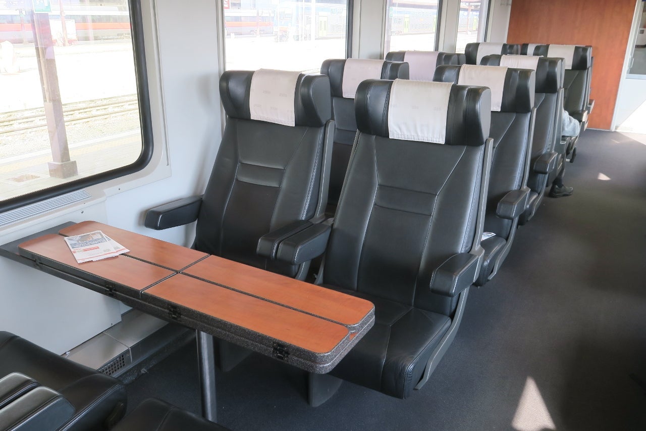 First class on a EuroCity train between Munich and Bologna.
