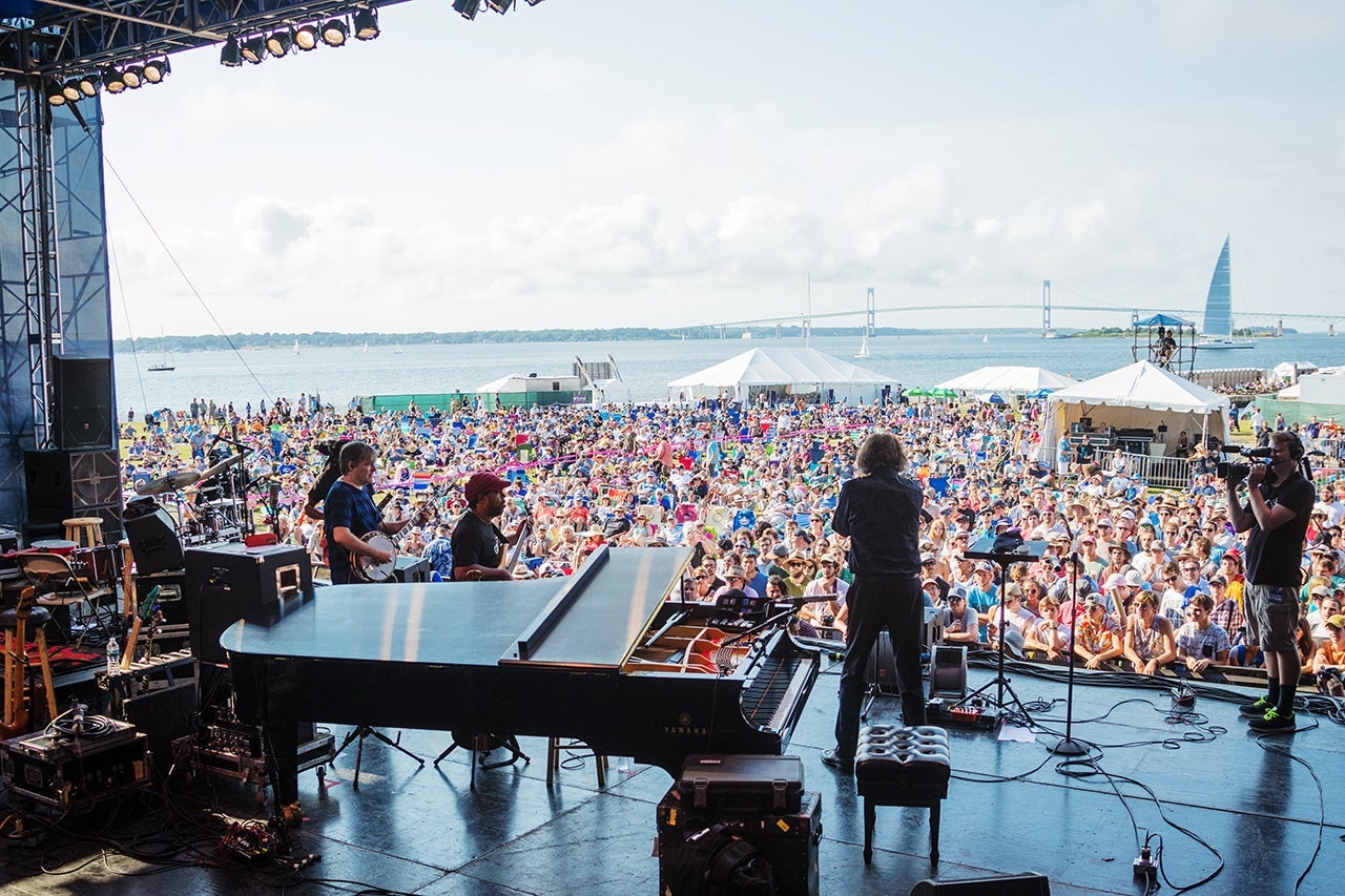 Roy "Futureman" Wooten, Bela Fleck, Victor Wooten and Howard Levy of Bela Fleck and the Flectones perform during the Newport Jazz Festival. (Photo by Douglas Mason/Getty Images)