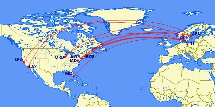 SAS routes between the US and Europe