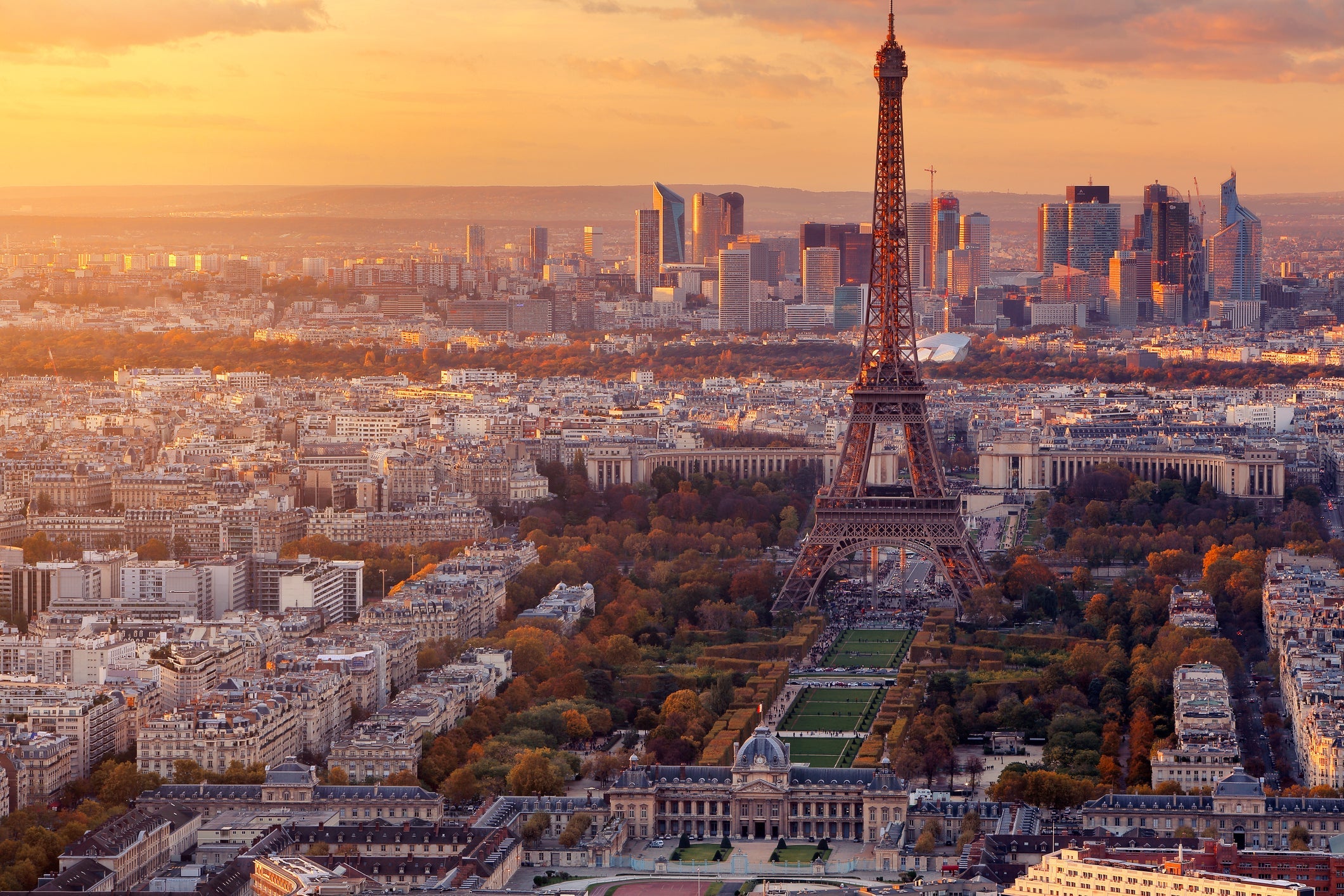 The sunset view of Paris with the Eiffel tower