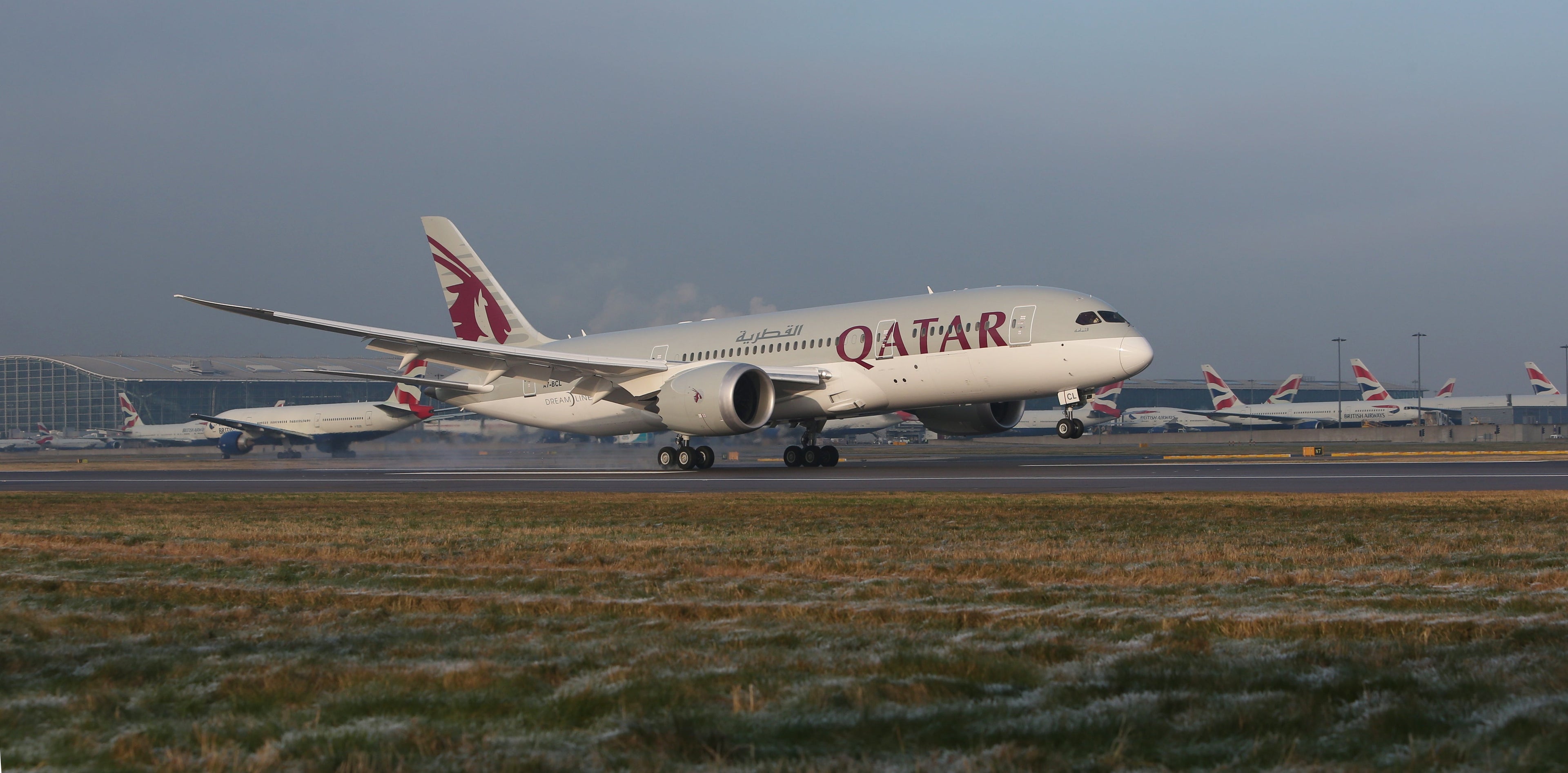 Qatar Airways' new 787 Dreamliner arrives on its debut flight into Heathrow Airport. (Photo by Steve Parsons/PA Images via Getty Images)