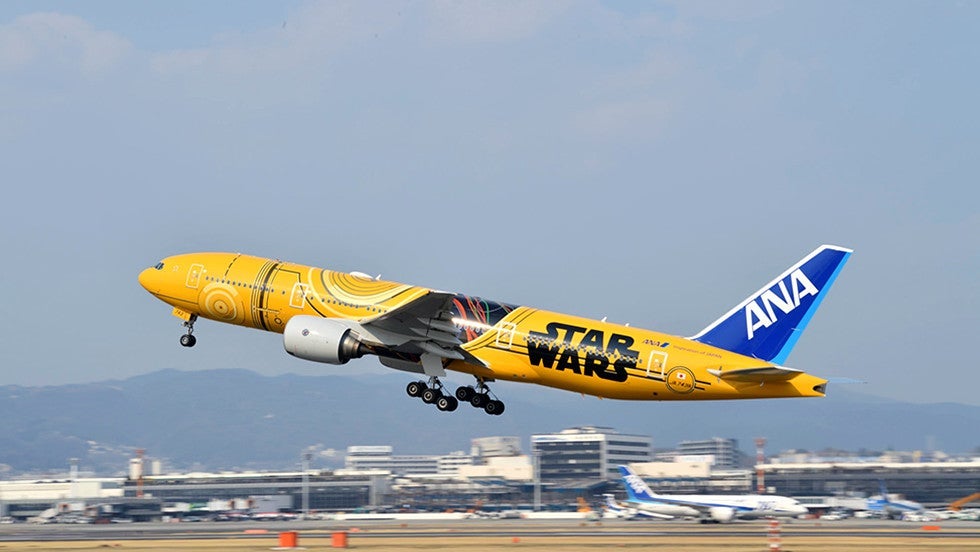 The 777-300 painted to resemble C3P0 flies on Japanese domestic routes that require its large passenger-carrying capacitry. (Photo courtesy ANA)