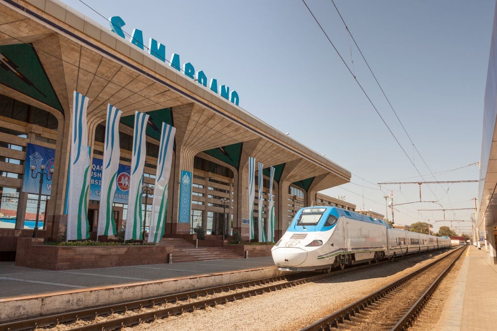 Afrosiyob Samarkand to Tashkent fast train, Samarqand railway station, Samarkand, Uzbekistan. (Photo by: Mel Longhurst/VW Pics/UIG via Getty Images)