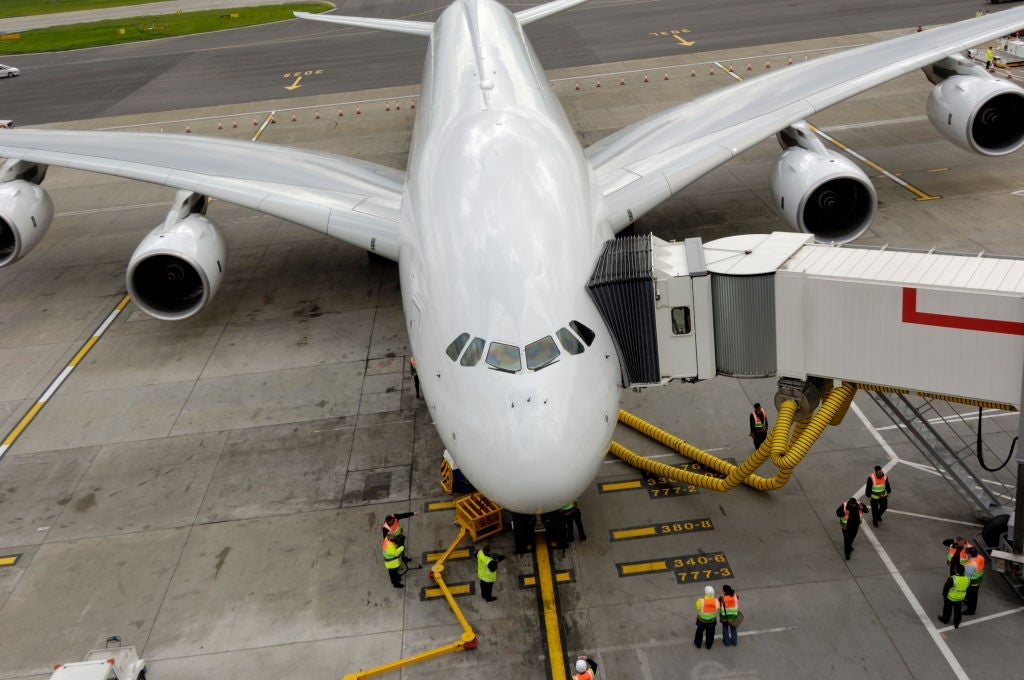 parked at gate with jetway at Pier 6 Terminal3, first visit of an A380 to the UK, with jetway. (Photo by: aviation-images.com/UIG via Getty Images)