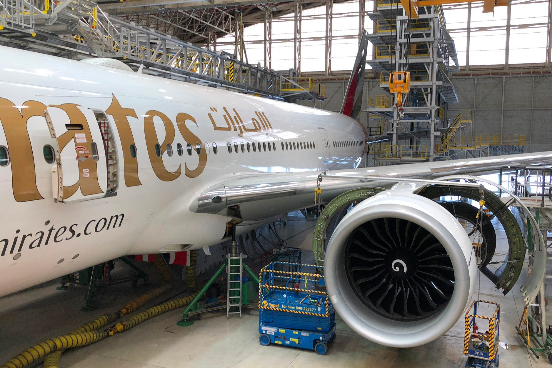 An Emirates 777-200LR undergoes a retrofit in Dubai. Photo by Zach Honig.
