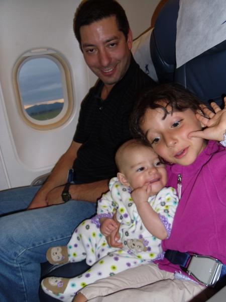 Jason Ilana and Evie on the plane in Argentina
