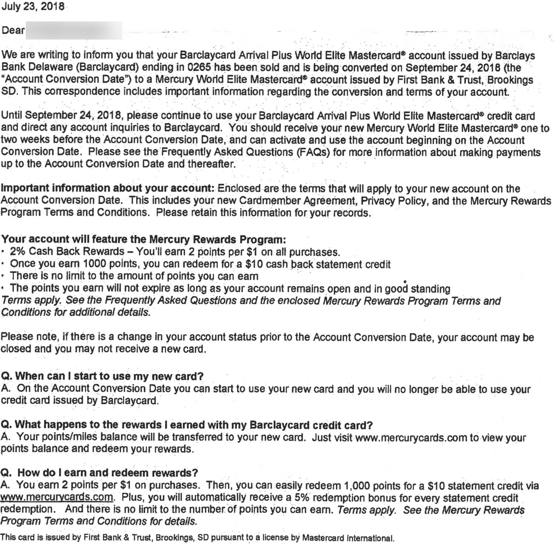 Mercury Mastercard Transition Letter